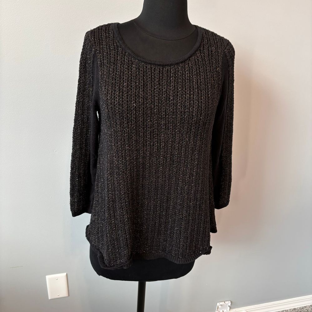 Lucky Brand Women's Black Metallic gold Ribbed Knit‎ Sweater Evening Party Top
